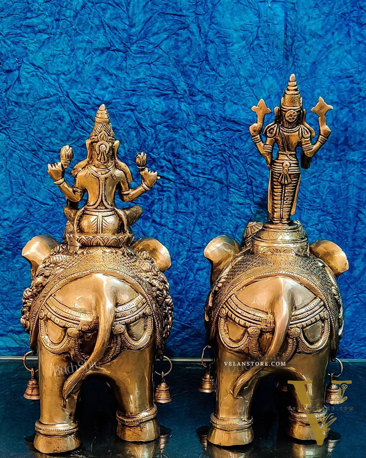 Brass Superfine Pair of Engraved Elephants with Goddess Lakshmi and Lord Tirupati Balaji | Auspicious Home Decor |