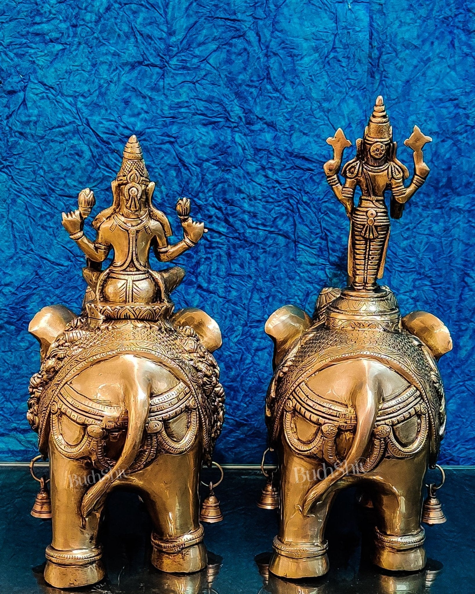 Brass Superfine Pair of Engraved Elephants with Goddess Lakshmi and Lord Tirupati Balaji | Auspicious Home Decor |