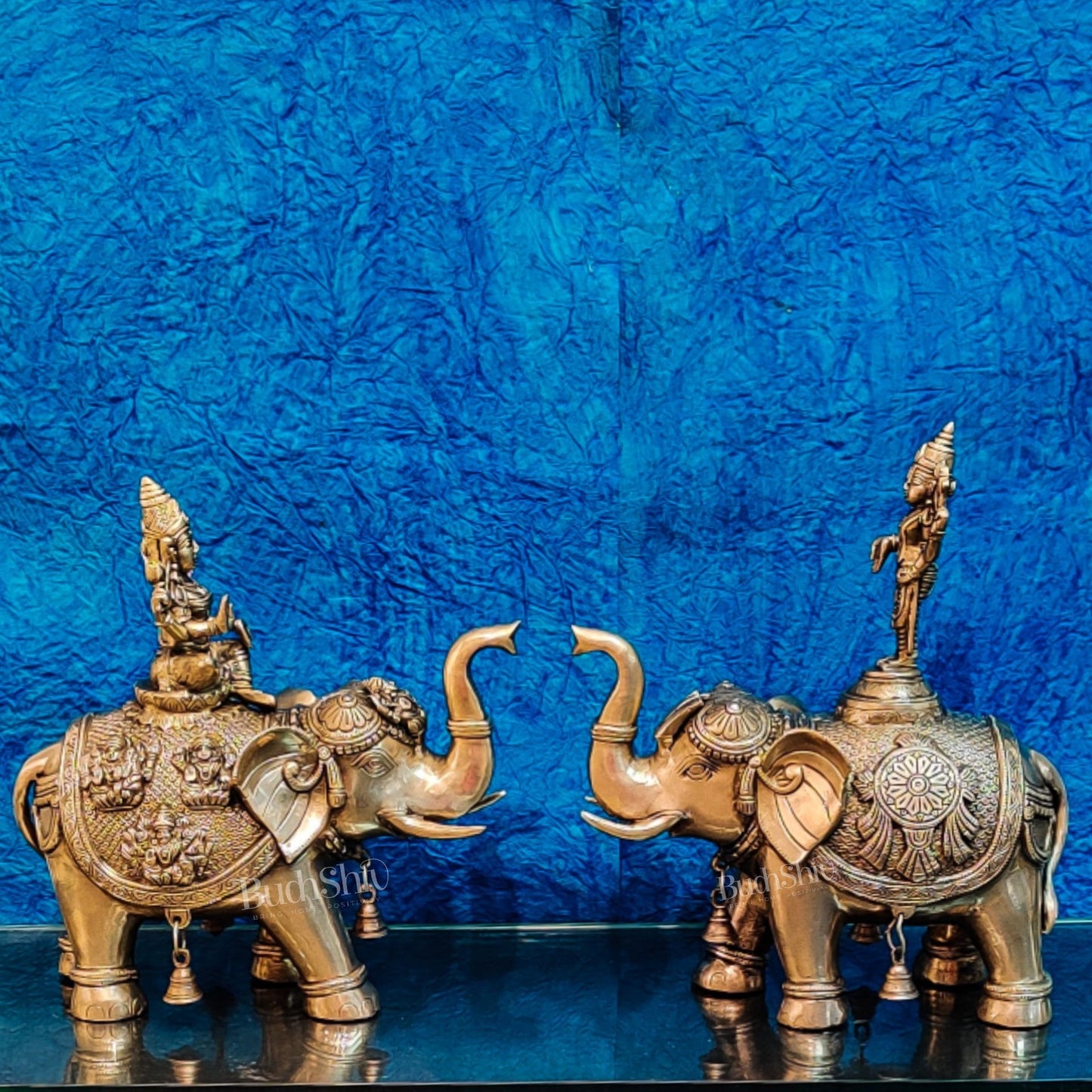 Brass Superfine Pair of Engraved Elephants with Goddess Lakshmi and Lord Tirupati Balaji | Auspicious Home Decor |