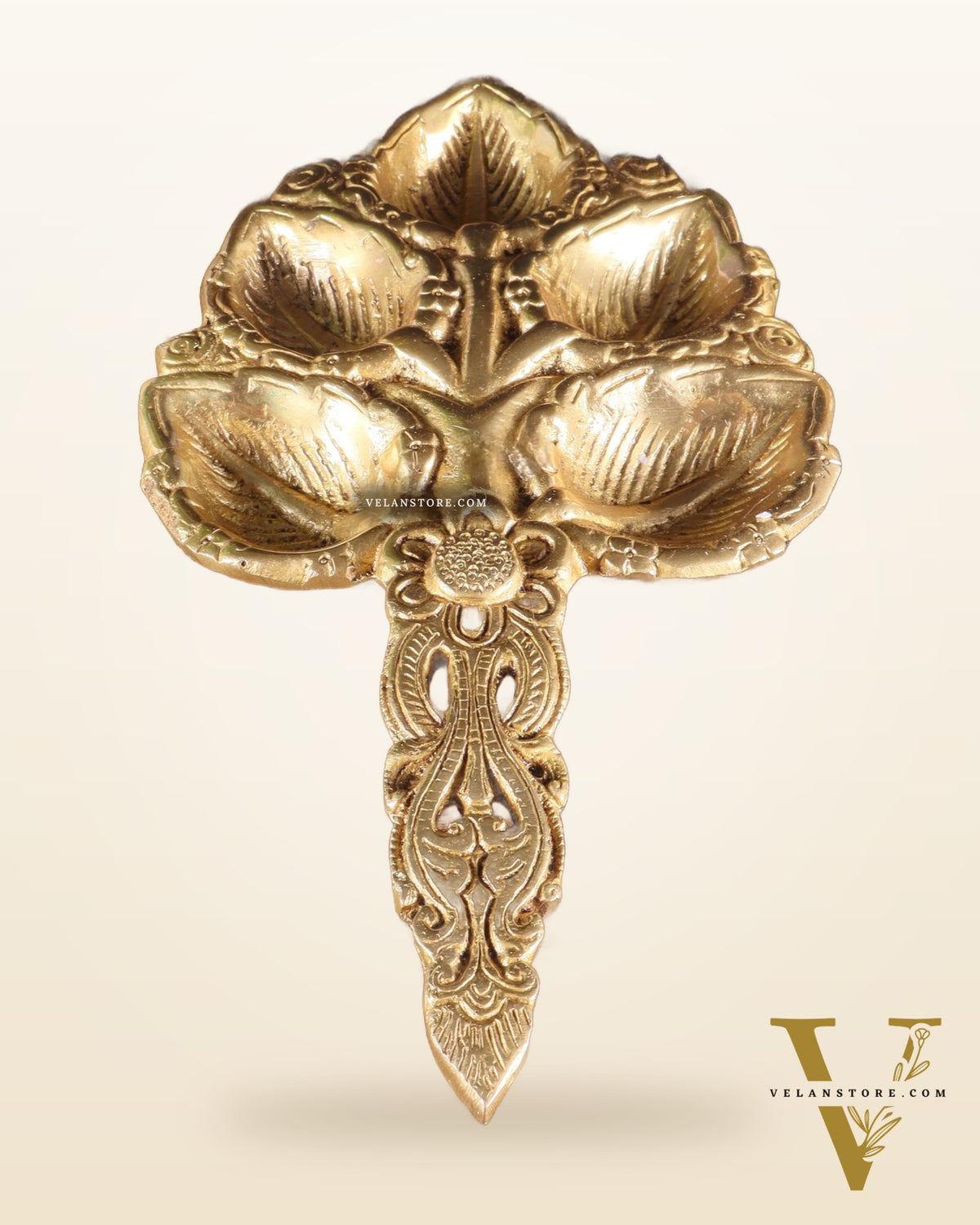 Brass Superfine panch Diya Aarti with Handle 9.5 inch