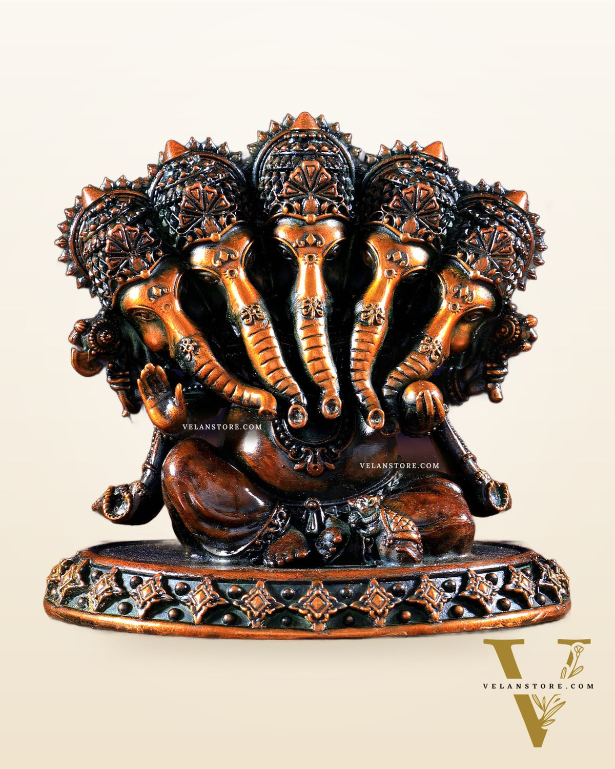 Brass Superfine Panchmukhi Ganesha Idol – Five-Headed Ganesha, 4.2" chola tone