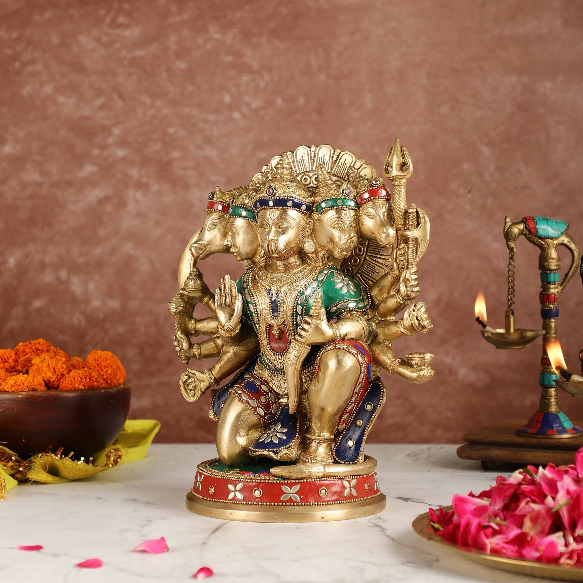 Brass Superfine Panchmukhi Hanuman 11 " with meenakari work