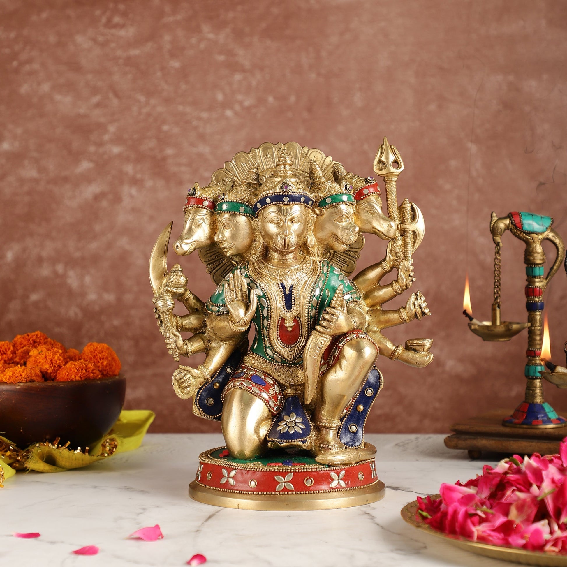 Brass Superfine Panchmukhi Hanuman 11 " with meenakari work