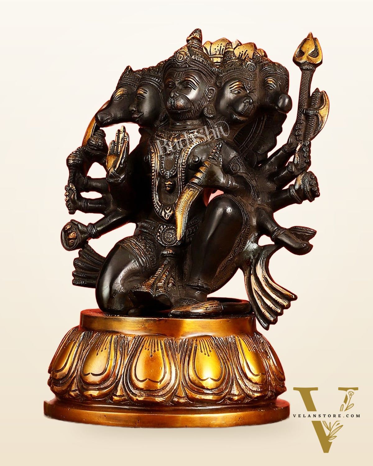 Brass Superfine Panchmukhi Hanuman Idol – Five-Faced Form in Black & Gold Finish 13"