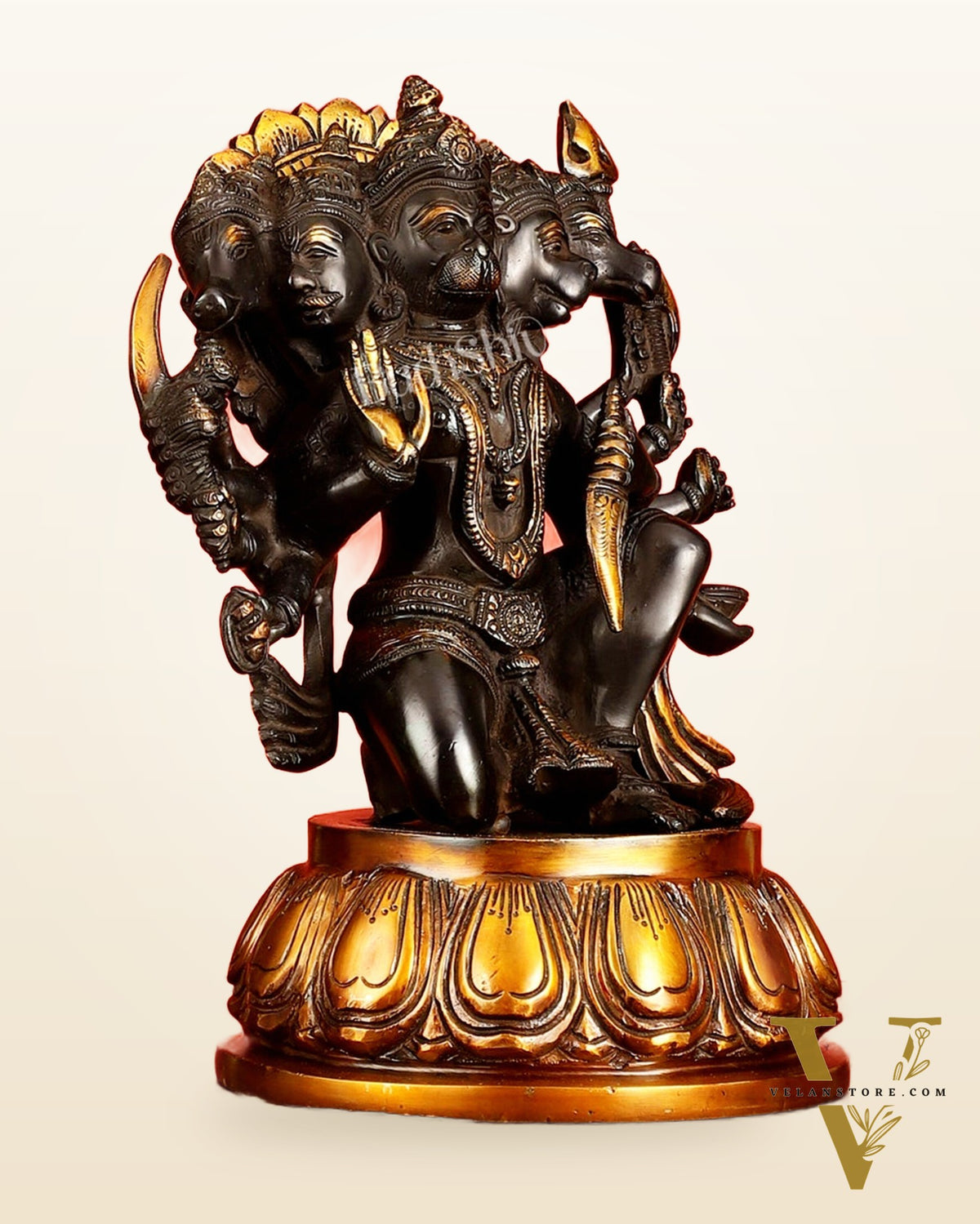 Brass Superfine Panchmukhi Hanuman Idol – Five-Faced Form in Black & Gold Finish 13"
