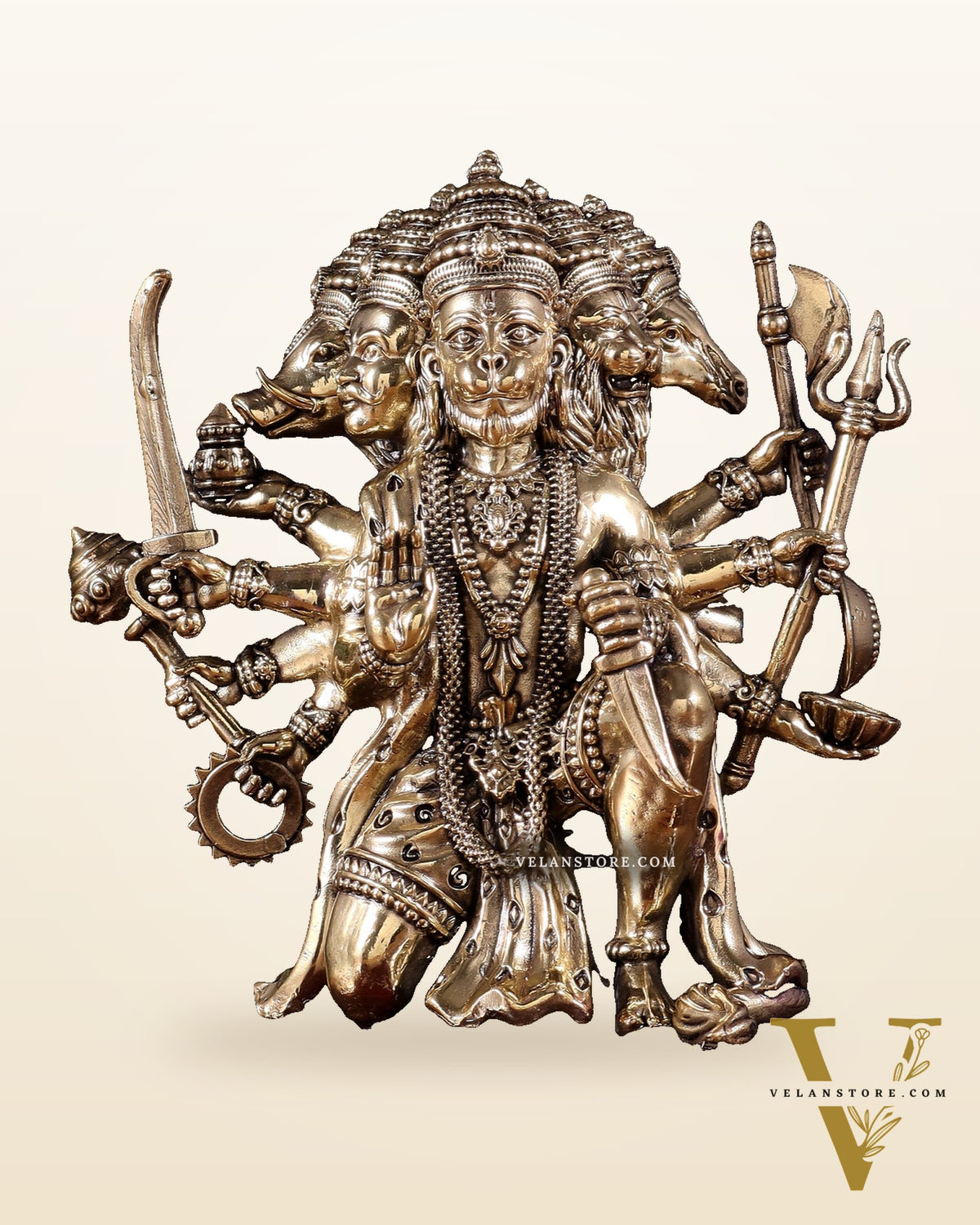 Brass Superfine Panchmukhi Hanuman Idol on Wooden Base – 8 Inch