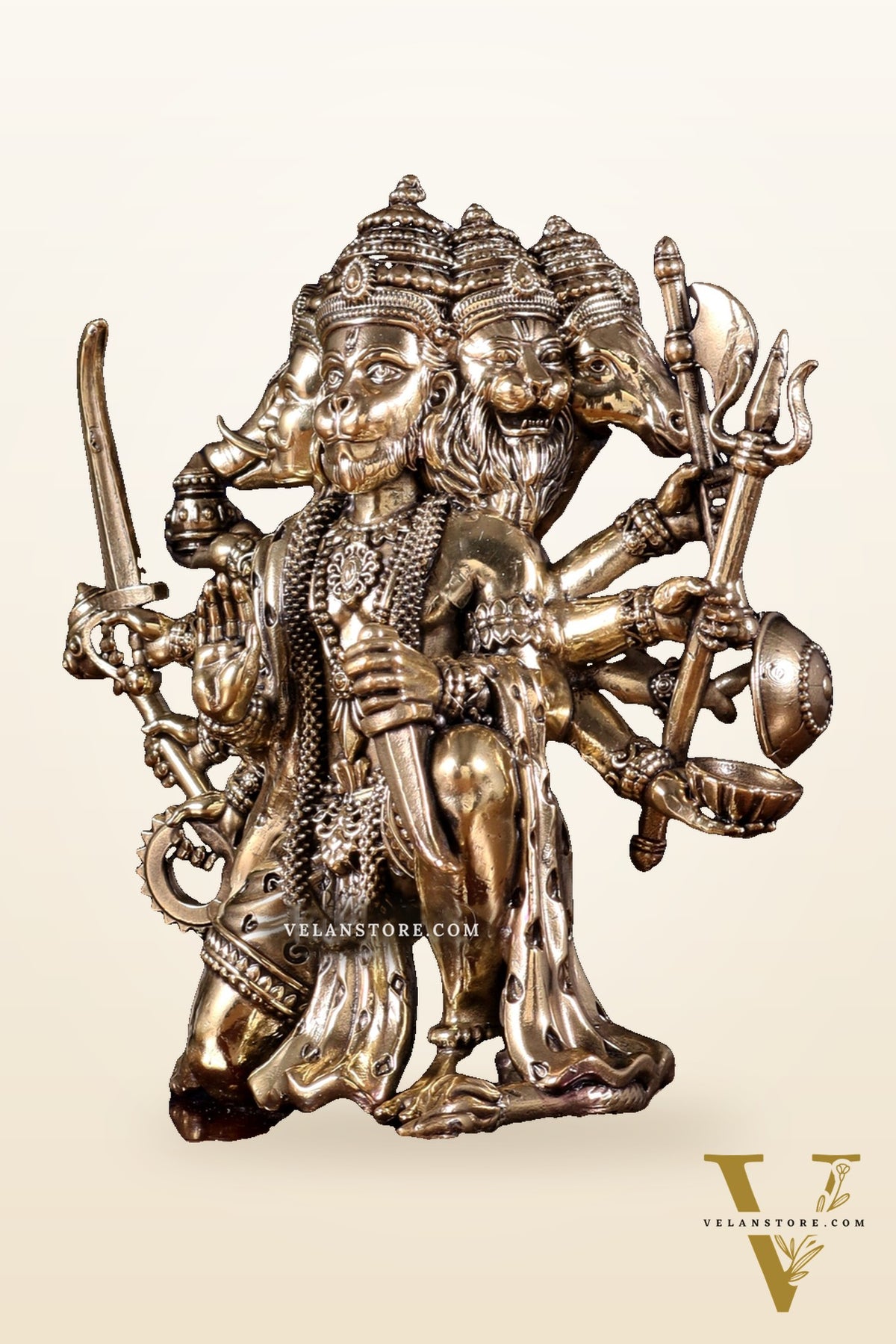 Brass Superfine Panchmukhi Hanuman Idol on Wooden Base – 8 Inch