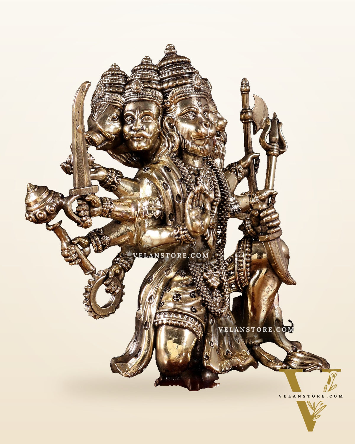Brass Superfine Panchmukhi Hanuman Idol on Wooden Base – 8 Inch