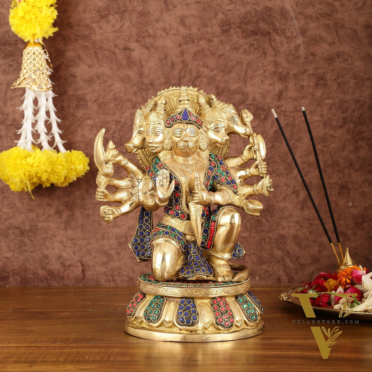 Brass Superfine Panchmukhi Hanuman with Stonework - 10"