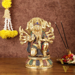 Brass Superfine Panchmukhi Hanuman with Stonework - 10"
