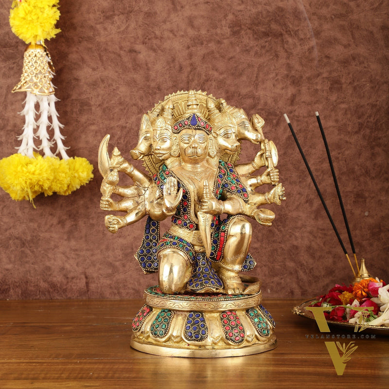 Brass Superfine Panchmukhi Hanuman with Stonework - 10"
