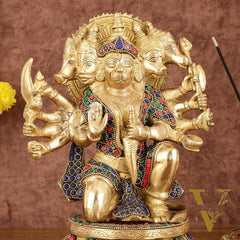 Brass Superfine Panchmukhi Hanuman with Stonework - 10"