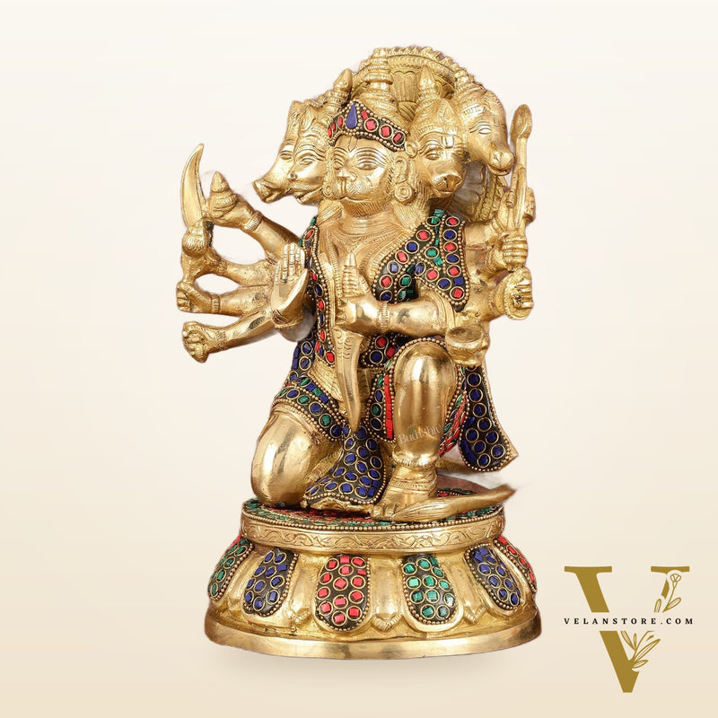 Brass Superfine Panchmukhi Hanuman with Stonework - 10"