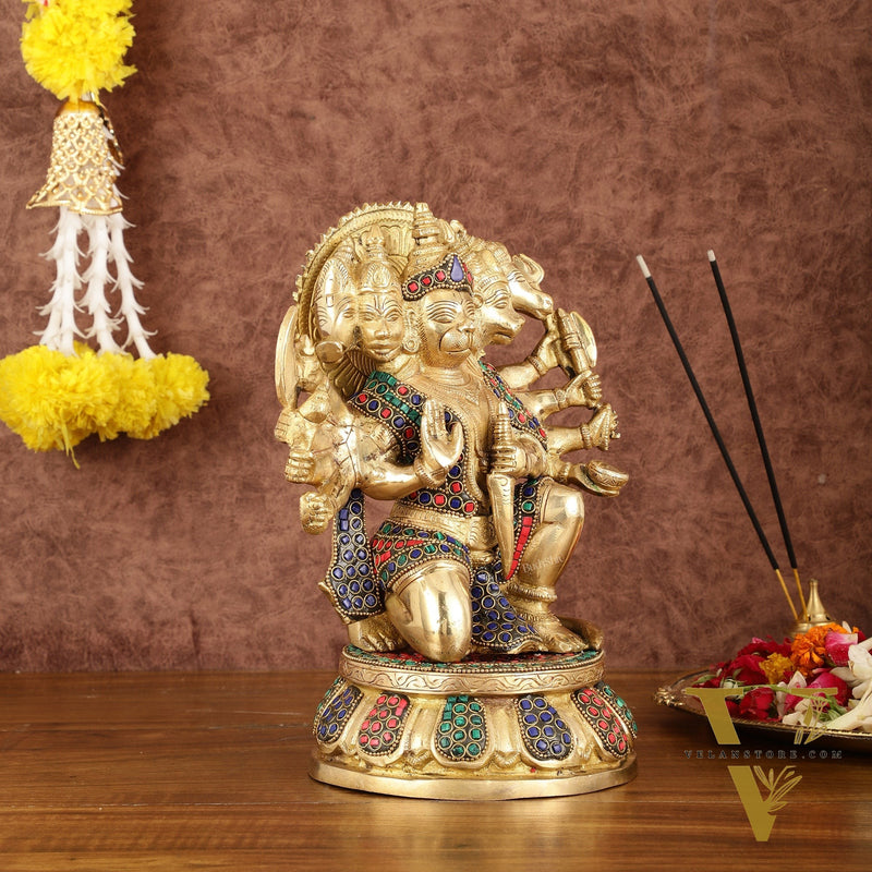 Brass Superfine Panchmukhi Hanuman with Stonework - 10"