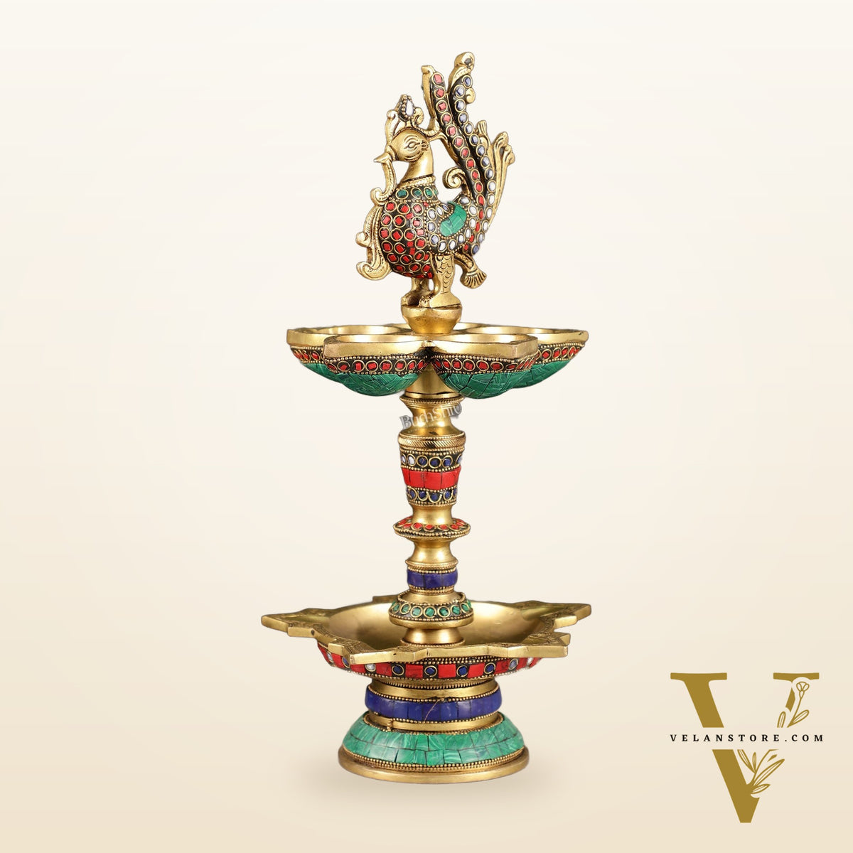 Brass superfine peacock lamp 15" with stonework