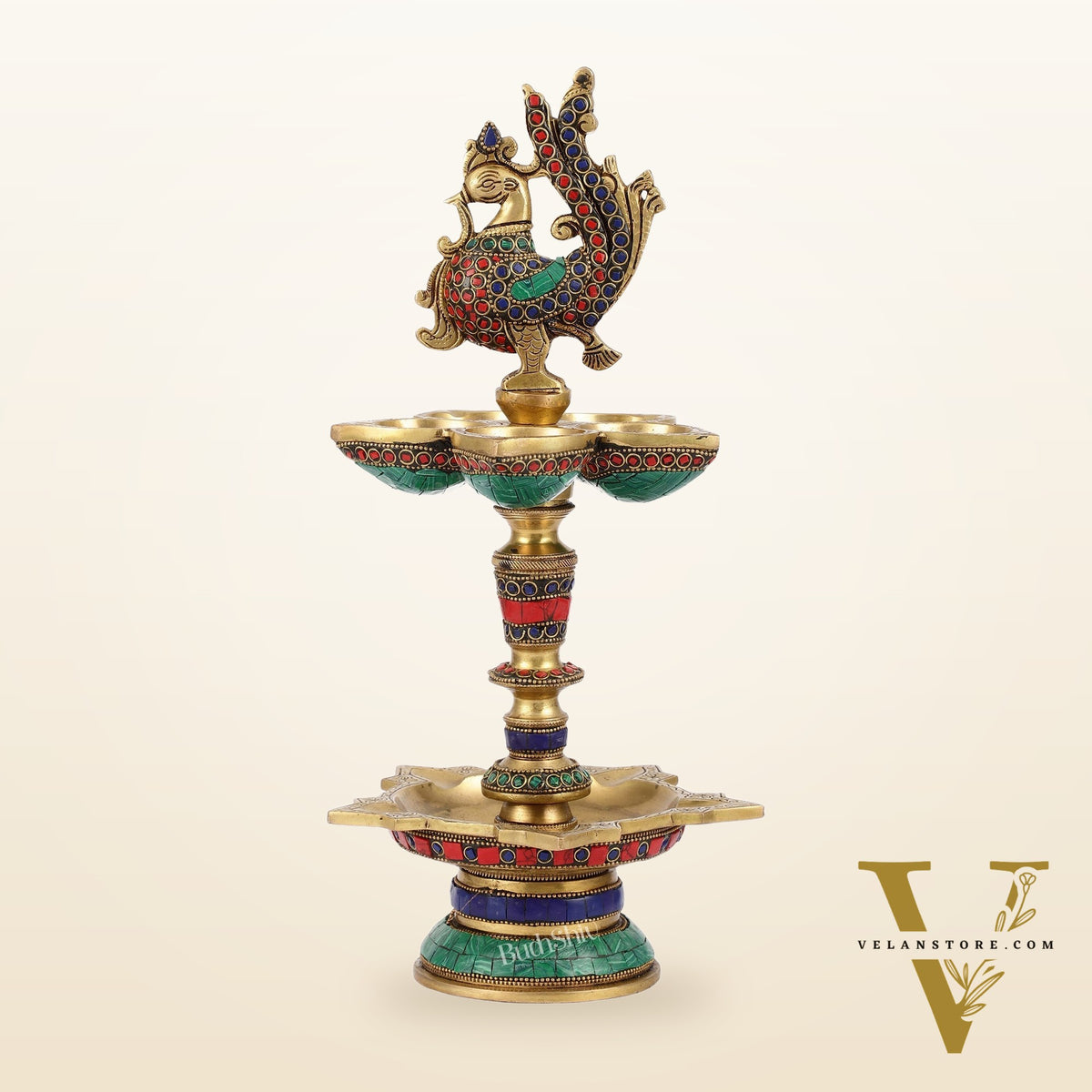 Brass superfine peacock lamp 15" with stonework