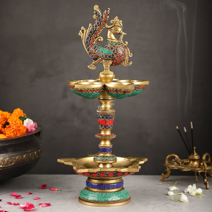 Brass superfine peacock lamp 15" with stonework