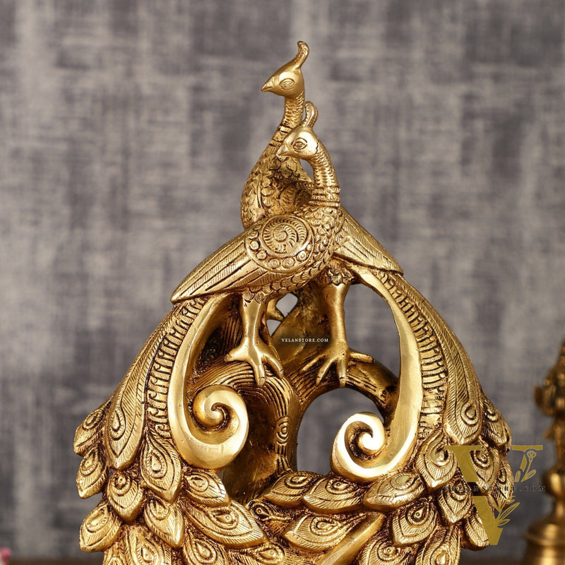 Brass Superfine Peacock Pair Sitting on Tree Trunk | 12 Inch Height | 4 KG
