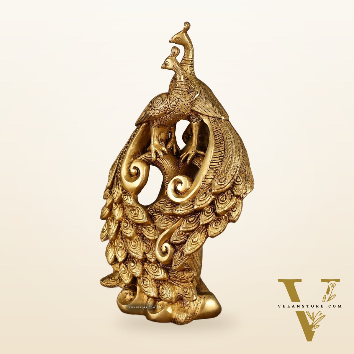 Brass Superfine Peacock Pair Sitting on Tree Trunk | 12 Inch Height | 4 KG