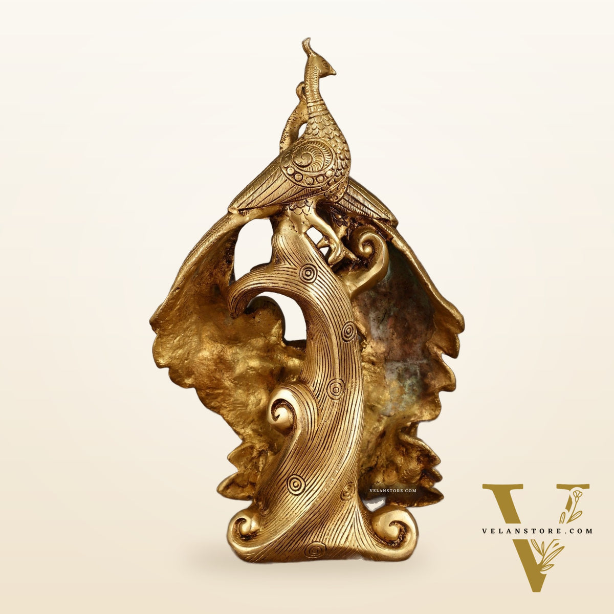 Brass Superfine Peacock Pair Sitting on Tree Trunk | 12 Inch Height | 4 KG
