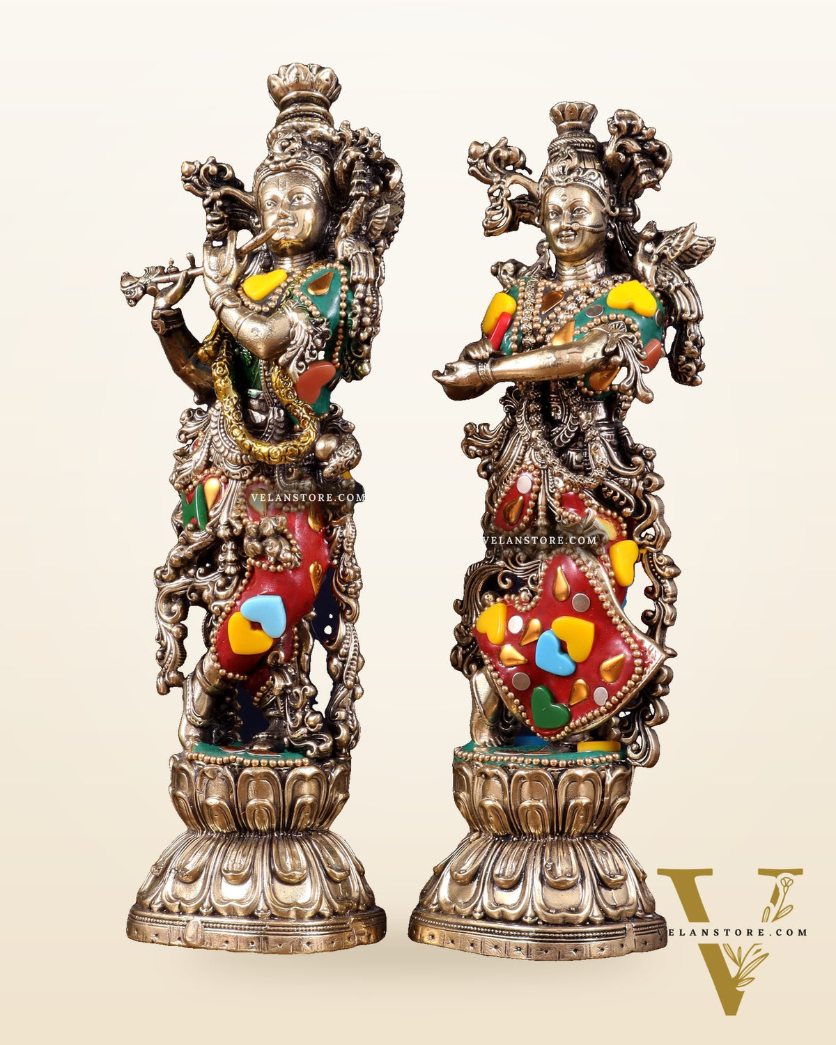 Brass Superfine Radha Krishna Idols 8" meenakari Stonework