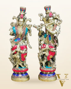 Brass Superfine Radha Krishna Statues 14" with stonework