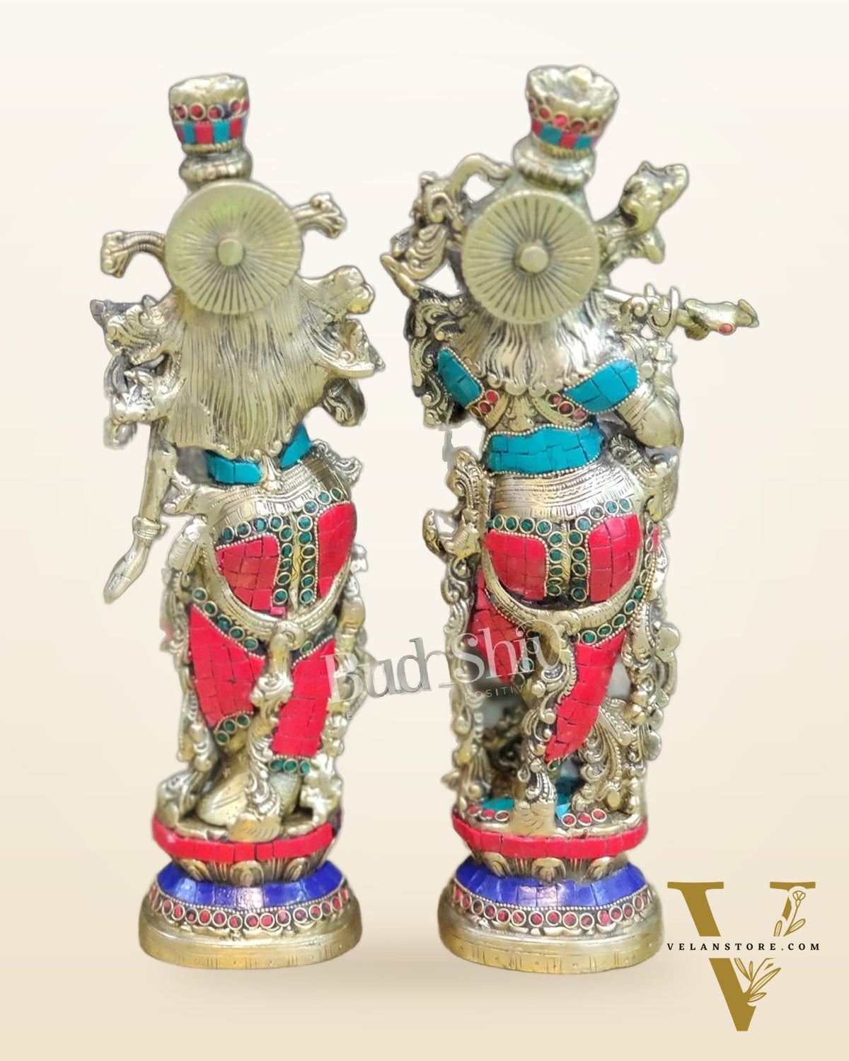 Brass Superfine Radha Krishna Statues 14" with stonework