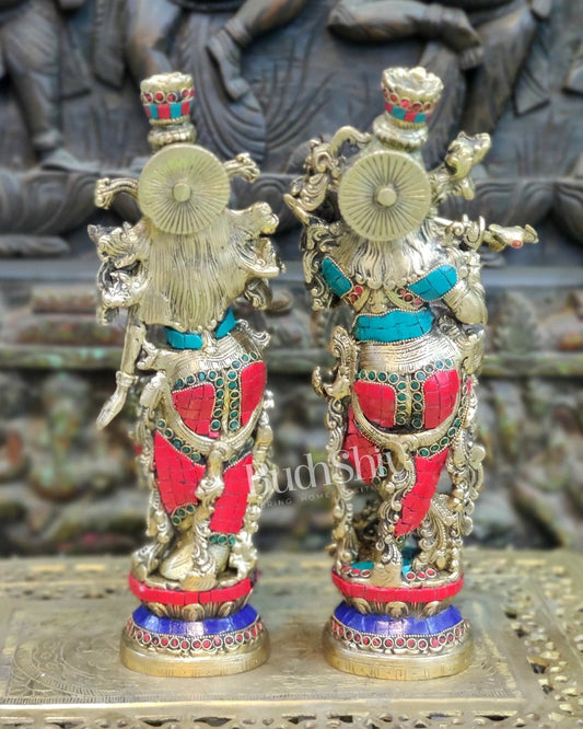 Brass Superfine Radha Krishna Statues 14" with stonework