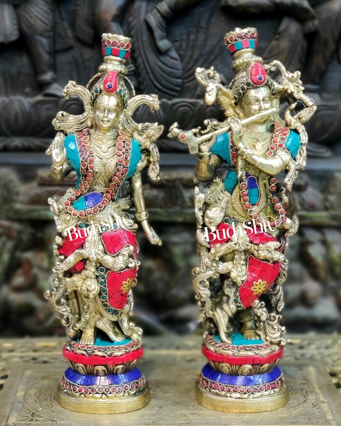 Brass Superfine Radha Krishna Statues 14" with stonework