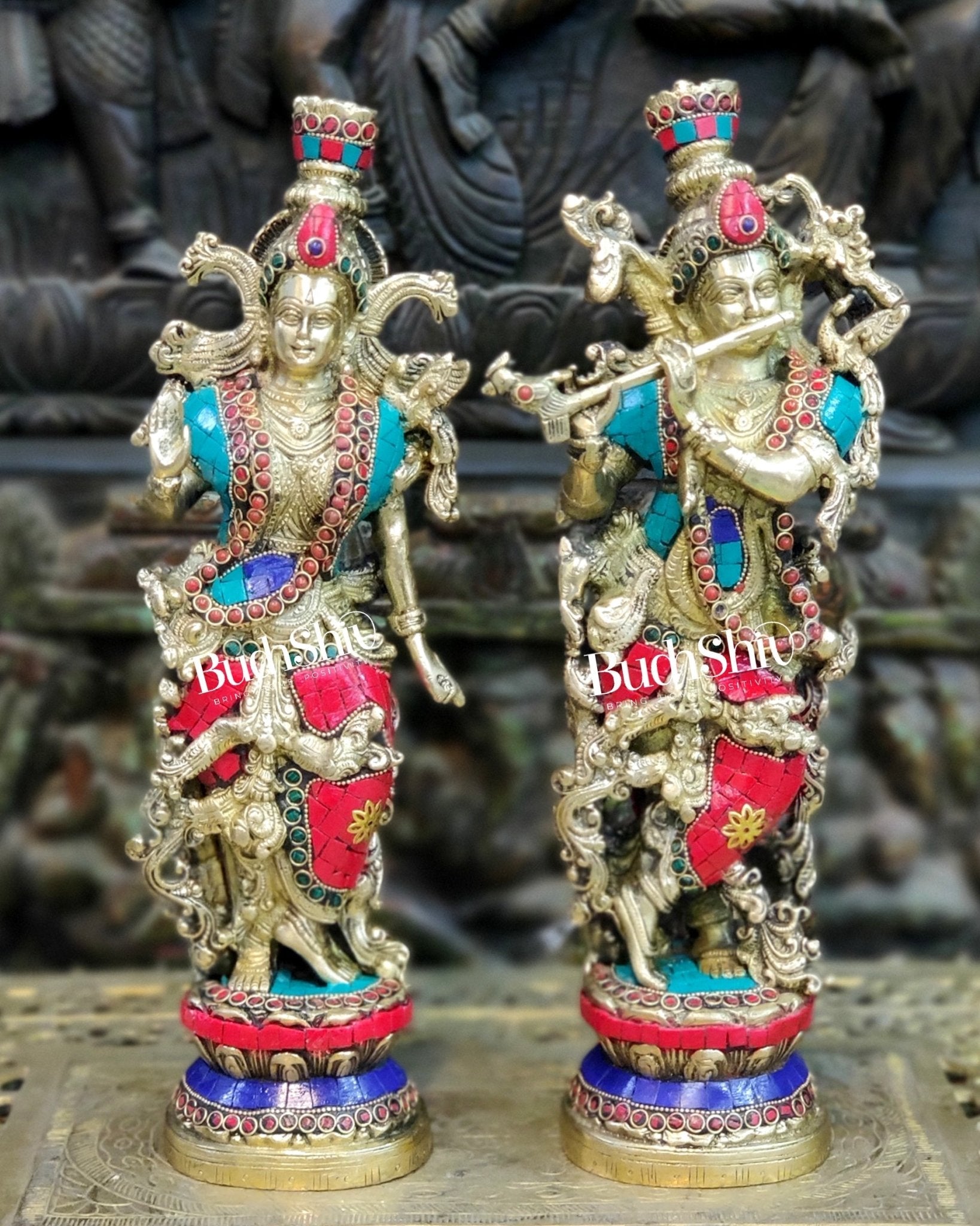 Brass Superfine Radha Krishna Statues 14" with stonework