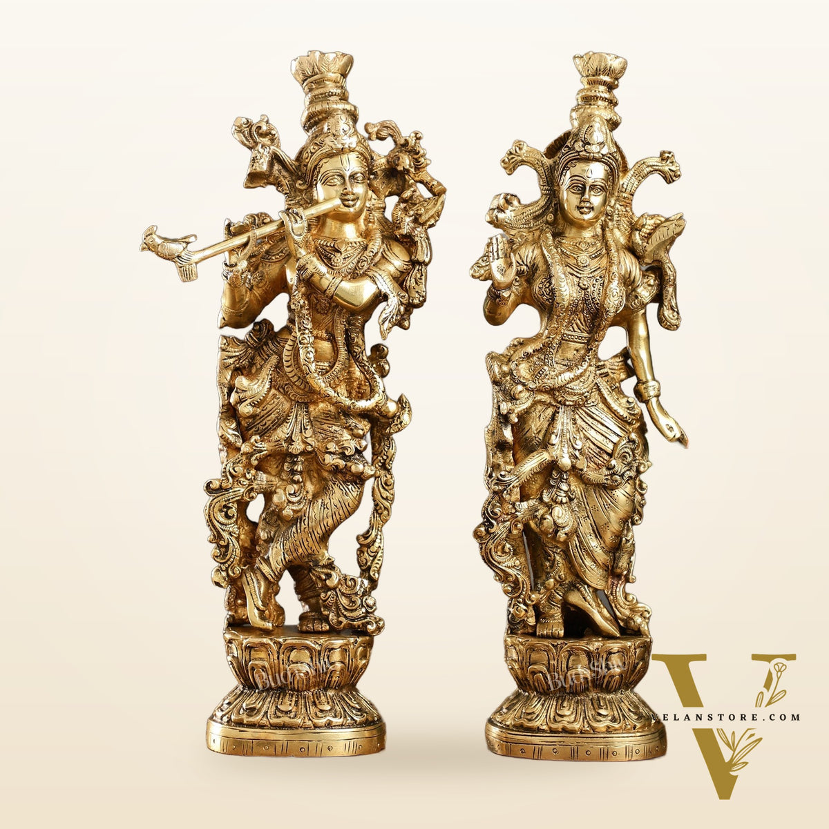 Brass Superfine Radha Krishna Statues - Finely Carved with Sharp Features 14 inch