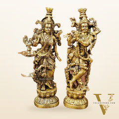 Brass Superfine Radha Krishna Statues - Finely Carved with Sharp Features 14 inch