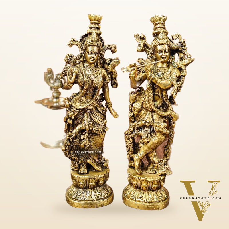 Brass Superfine Radha Krishna Statues - Finely Carved with Sharp Features 14 inch