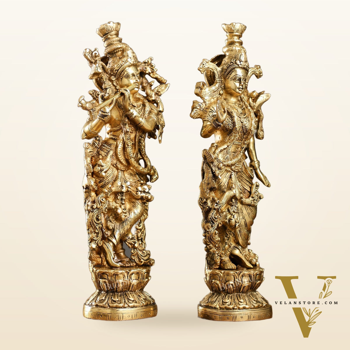 Brass Superfine Radha Krishna Statues - Finely Carved with Sharp Features 14 inch
