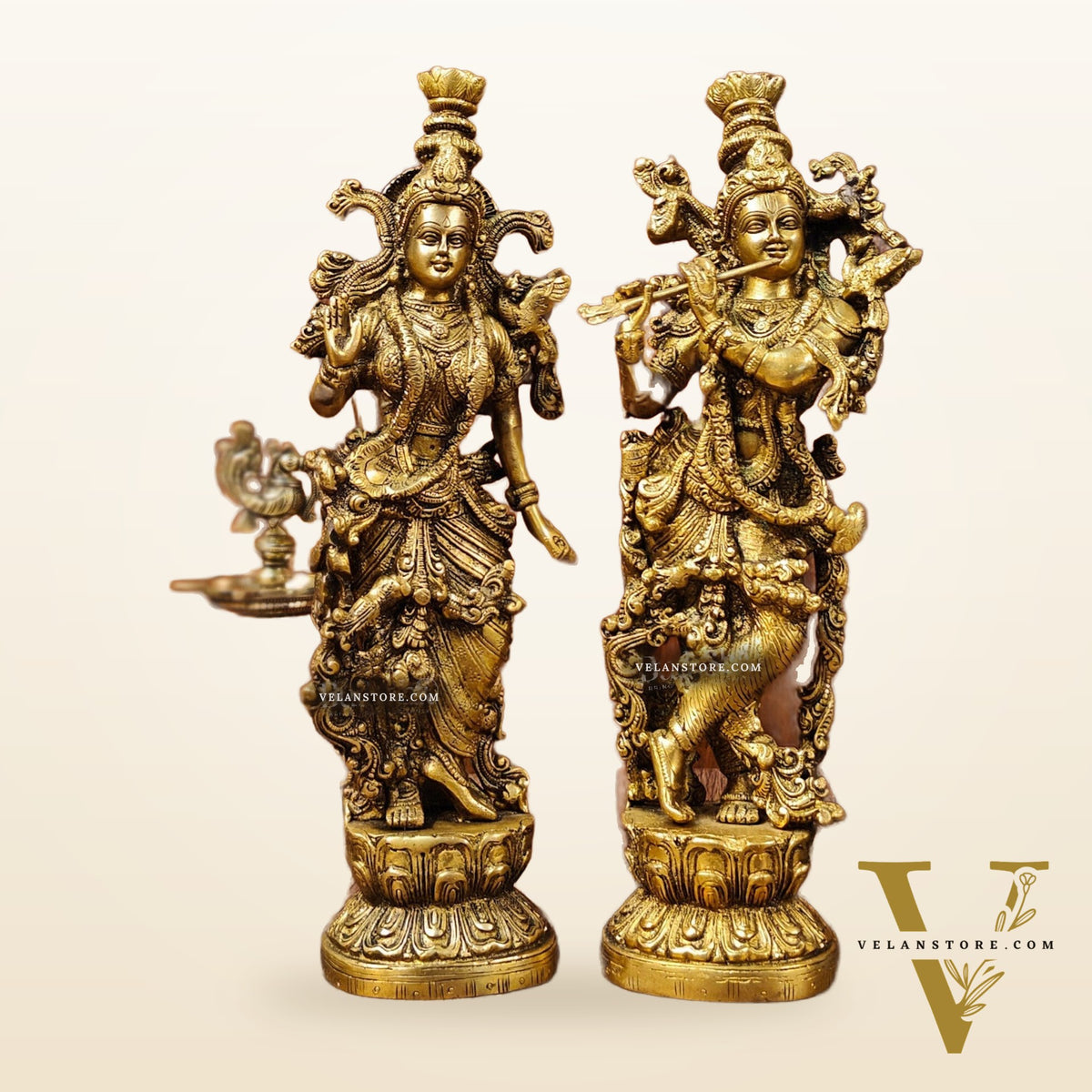 Brass Superfine Radha Krishna Statues - Finely Carved with Sharp Features 14 inch