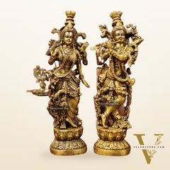 Brass Superfine Radha Krishna Statues - Finely Carved with Sharp Features 14 inch