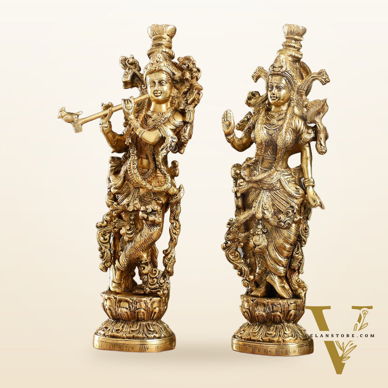 Brass Superfine Radha Krishna Statues - Finely Carved with Sharp Features 14 inch