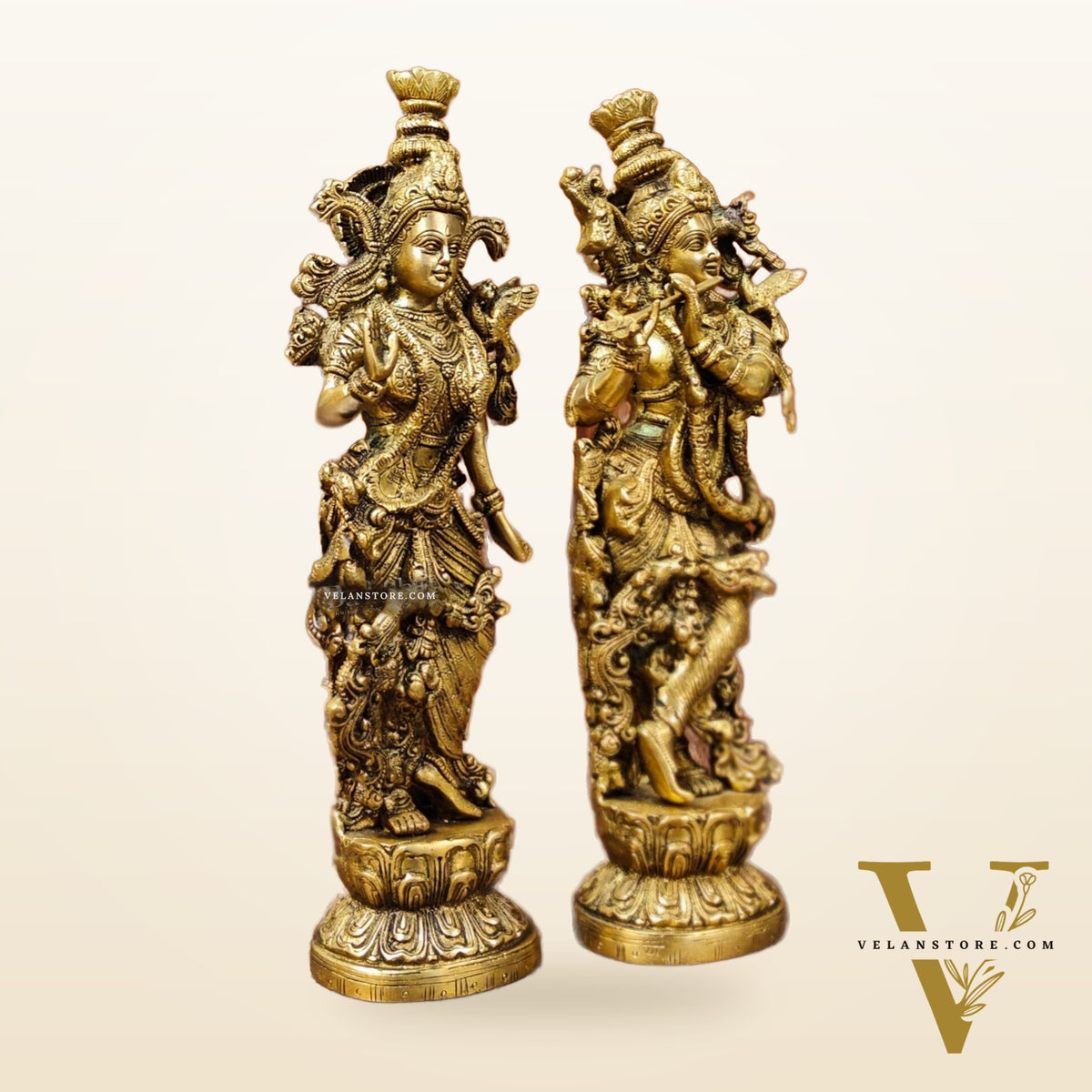 Brass Superfine Radha Krishna Statues - Finely Carved with Sharp Features 14 inch