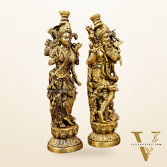 Brass Superfine Radha Krishna Statues - Finely Carved with Sharp Features 14 inch