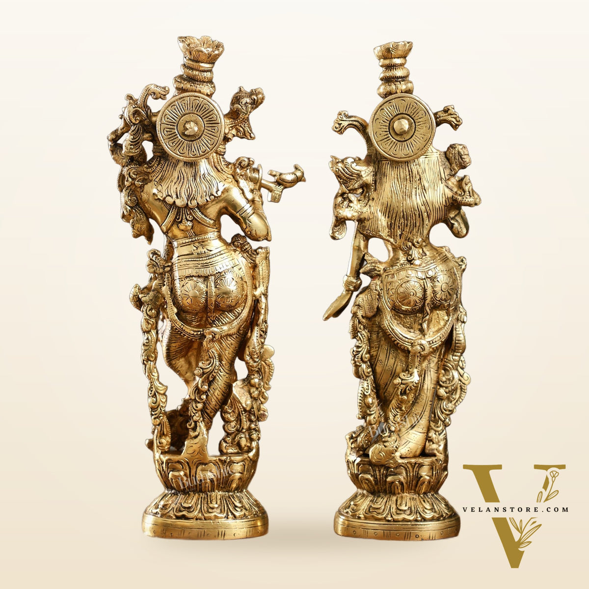 Brass Superfine Radha Krishna Statues - Finely Carved with Sharp Features 14 inch