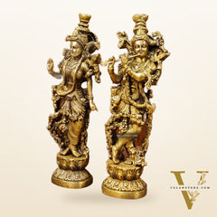 Brass Superfine Radha Krishna Statues - Finely Carved with Sharp Features 14 inch