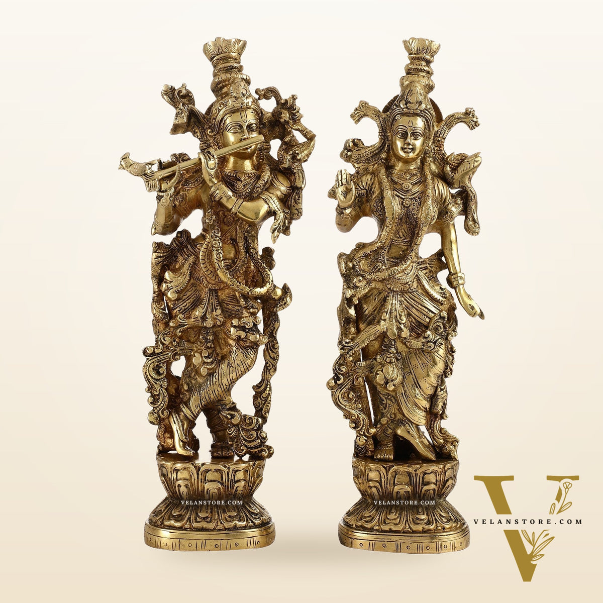 Brass Superfine Radha Krishna Statues - Finely Carved with Sharp Features 14 inch