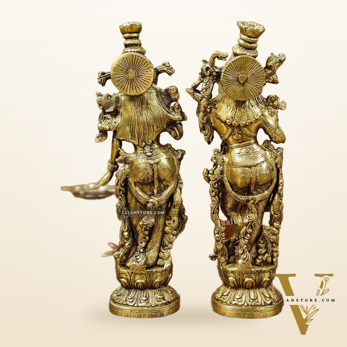 Brass Superfine Radha Krishna Statues - Finely Carved with Sharp Features 14 inch