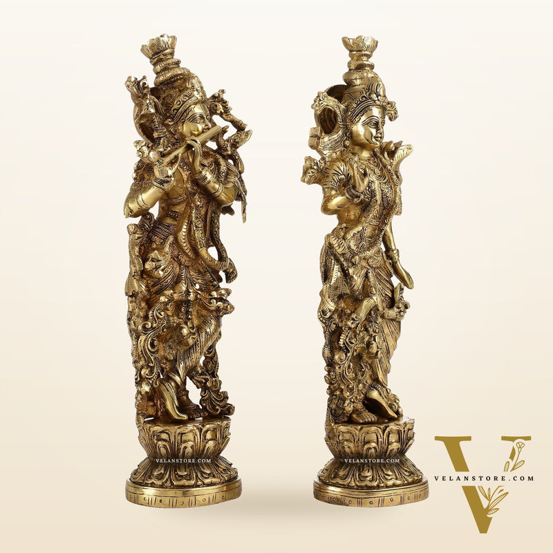 Brass Superfine Radha Krishna Statues - Finely Carved with Sharp Features 14 inch