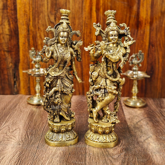 Brass Superfine Radha Krishna Statues - Finely Carved with Sharp Features 14 inch