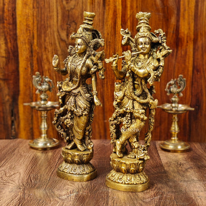 Brass Superfine Radha Krishna Statues - Finely Carved with Sharp Features 14 inch
