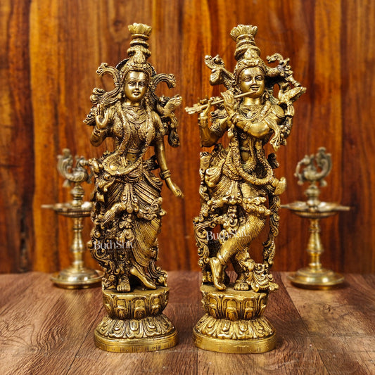 Brass Superfine Radha Krishna Statues - Finely Carved with Sharp Features 14 inch