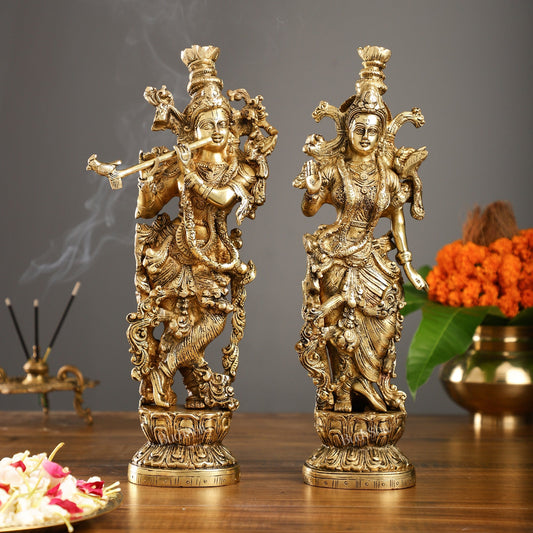 Brass Superfine Radha Krishna Statues - Finely Carved with Sharp Features 14 inch