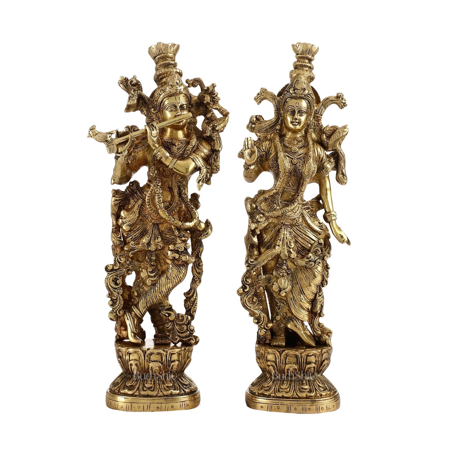 Brass Superfine Radha Krishna Statues - Finely Carved with Sharp Features 14 inch