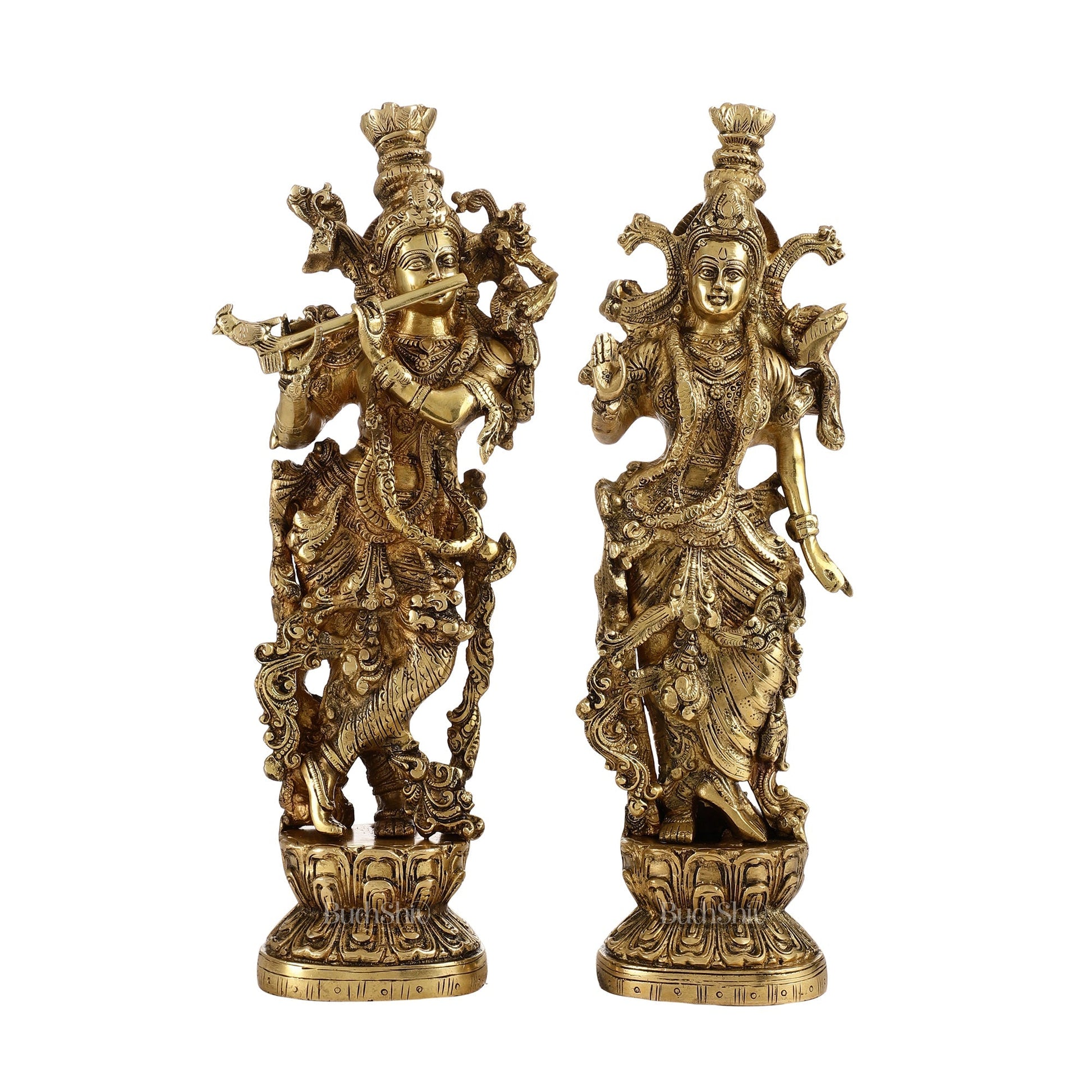 Brass Superfine Radha Krishna Statues - Finely Carved with Sharp Features 14 inch